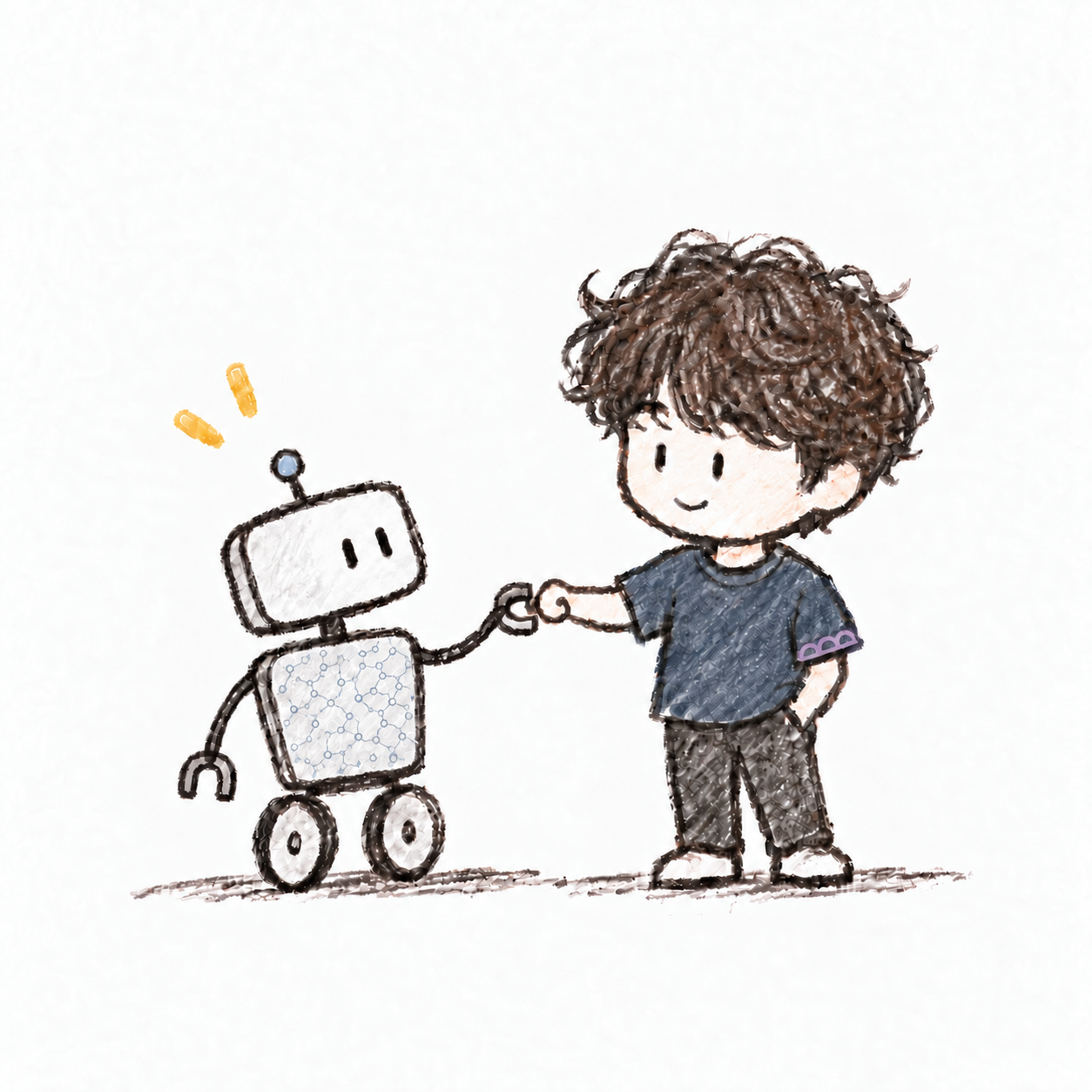 Pencil cartoon of Haokai Ding fist-bumping a wheeled robot